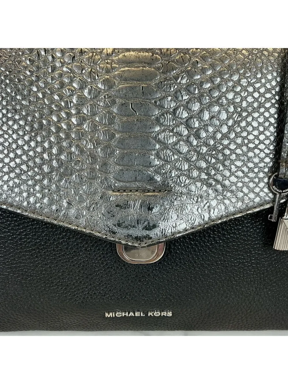 Michael Kors Black Silver Bristol Flap Satchel hand Bag‎ Crossbody Snakeskin
